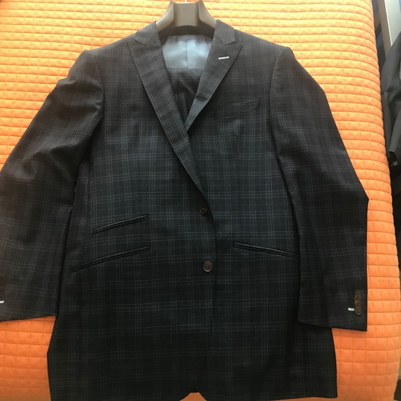 Black Lapel Navy Windowpane Custom 2 button Suit - Picture 1 of 6